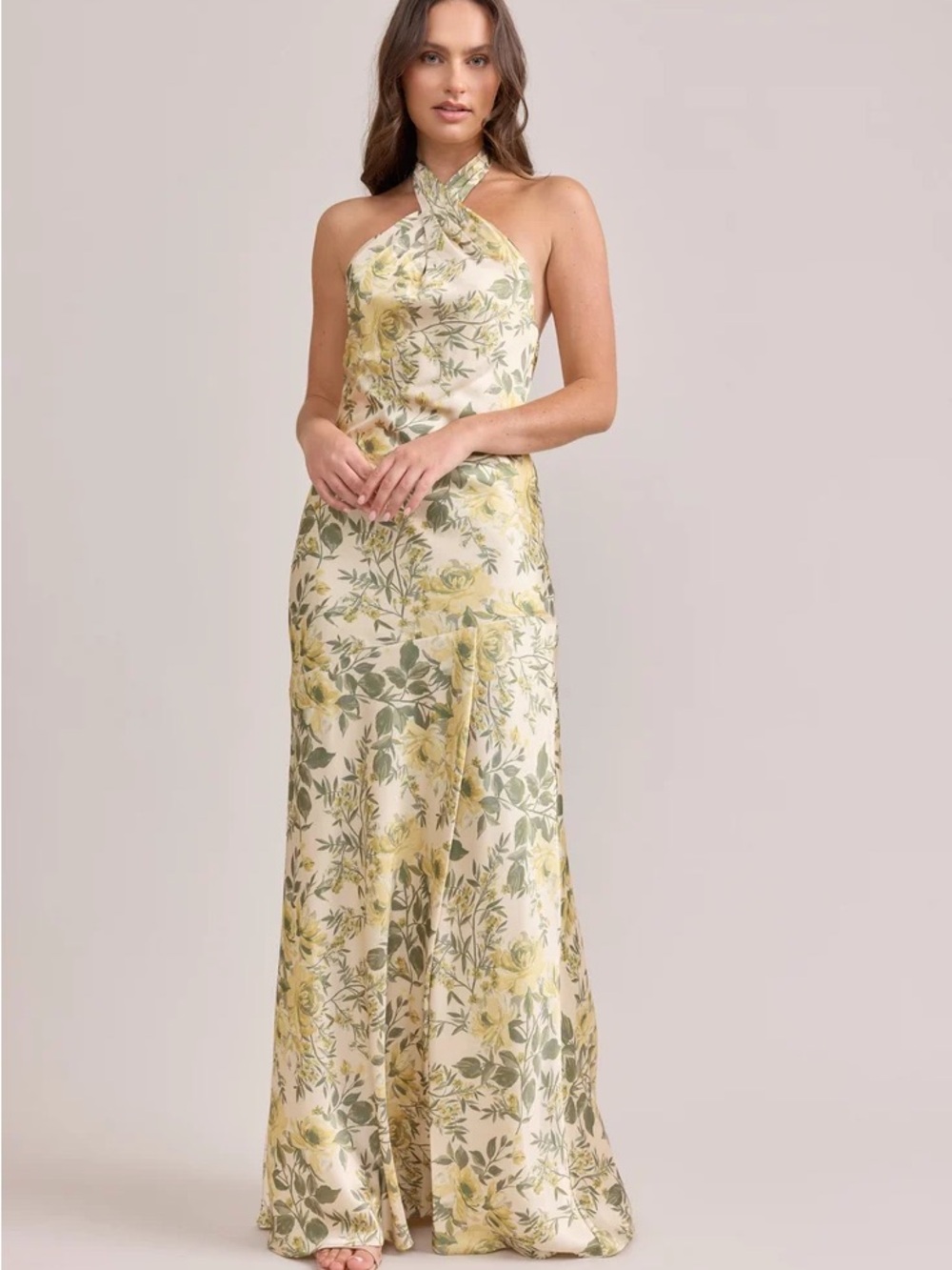 Revelry Yellow Athena Floral Halter Slip Maxi Dress - pale yellow meadow blooms